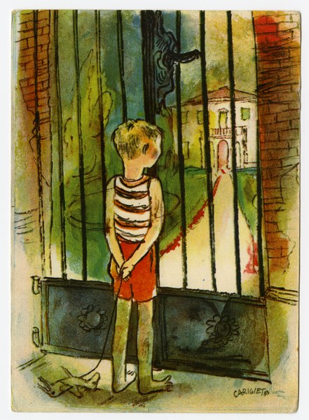 Postkarte der Proletarischen Kinderhilfe der Schweiz, um 1940 - Kind vor Gitter, dahinter Haus.