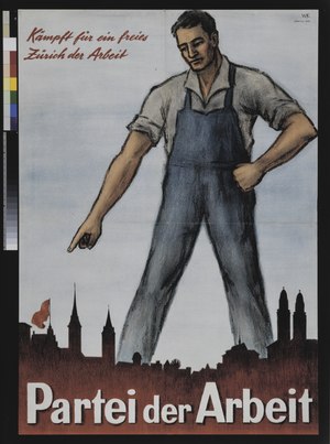 Disegno: Il lavoratore sovradimensionato si trova sopra la sagoma rossa di Zurigo, indicando una bandiera rossa; 1946.