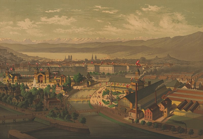 Schweizerische Landesausstellung 1883, Zürich, mit Blick auf Maschinenhalle (Auschnitt), 1883. 