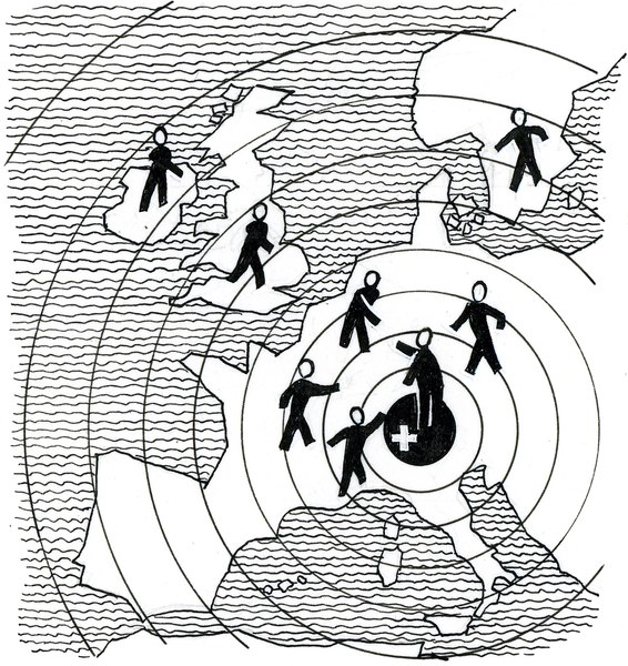 Zeichnung/Karikatur: Die Schweiz im Zentrum Europas.