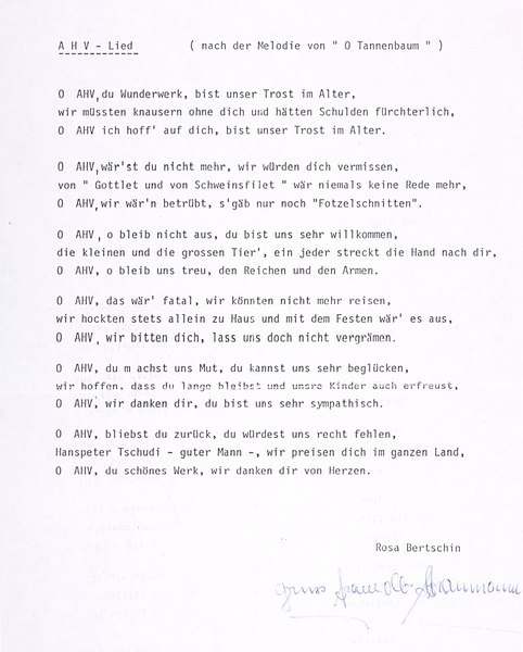 Rosa Bertschin, AHV song. Source: Basel Stadt Cantonal Archives: StABS, PA 1098a D 1-4-1 (2).