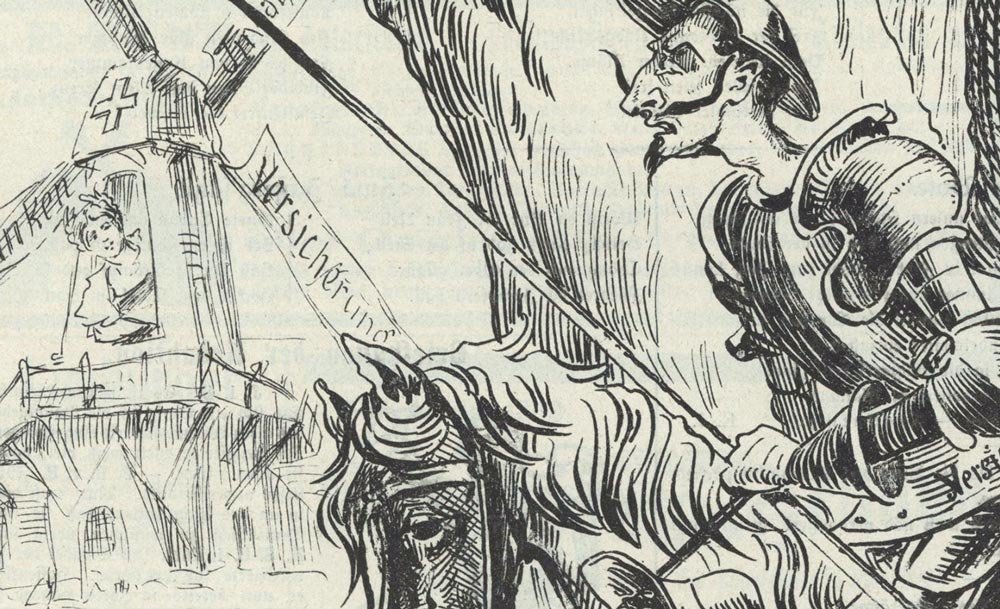 Don Chisciotte contro le assicurazioni sociali, Nebelspalter, 13 gennaio 1900. Utilizzo autorizzato dall’editore Nebelspaler, Horn.