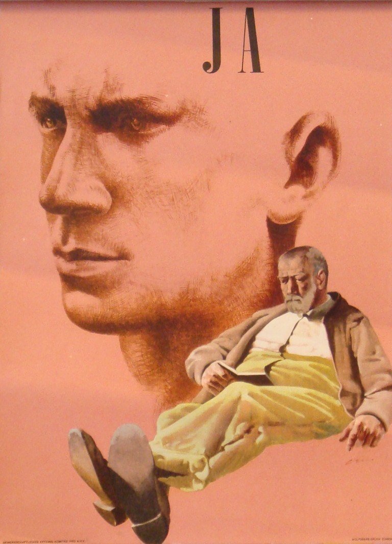 Manifesto di votazione di Hans Erni per la votazione sull’AVS del 6 luglio 1947, fonte: sindacato Unia.