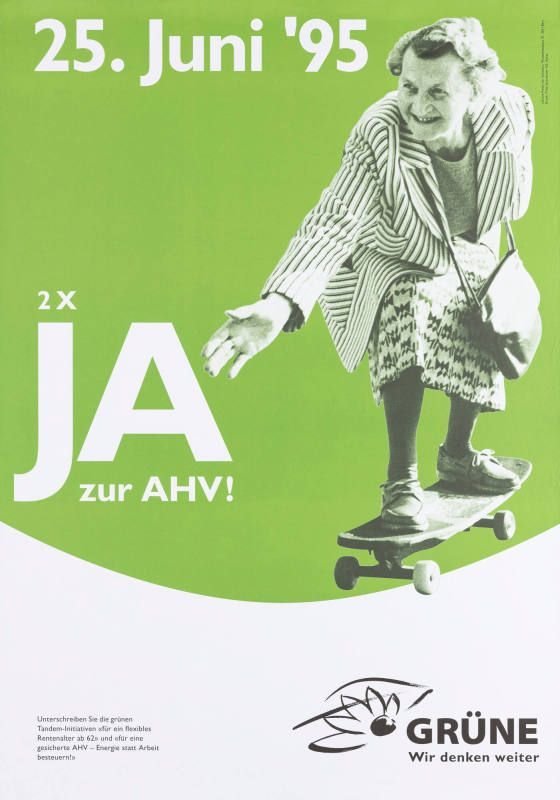 Manifesto commissionato dal Partito dei Verdi della Svizzera a favore di un’età pensionabile flessibile a partire dai 62 anni, 1995. Fonte: Zürcher Hochschule der Künste, Museum für Gestaltung Zürich, Collezione di manifesti, n. d’archivio 88-0593.