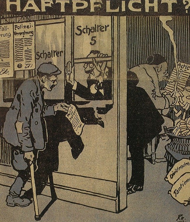 Caricatura sulla "responsabilità civile" dei datori di lavoro, Der neue Postillon, 2 febbraio 1912, 75 anni SUVA, Lucerna 1993.