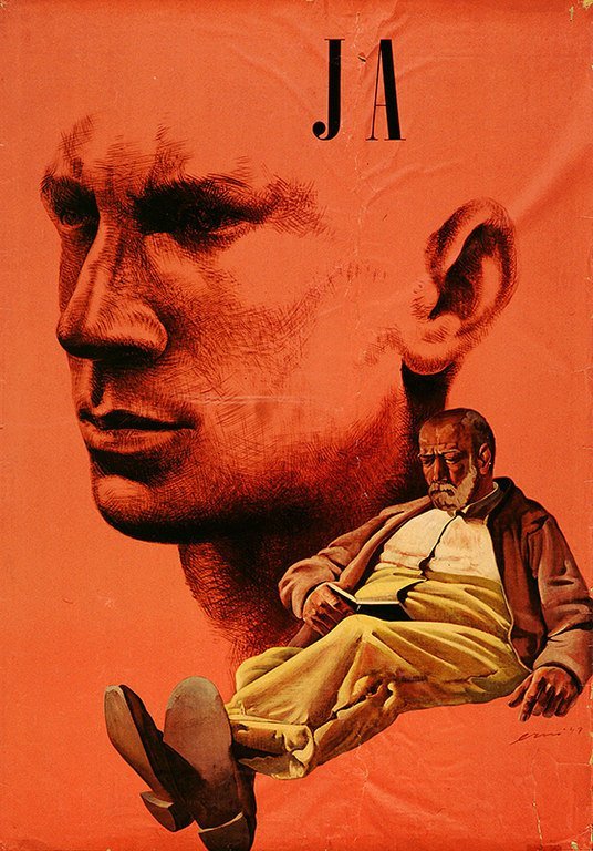 Manifesto di votazione di Hans Erni per la votazione sull’AVS del 6 luglio 1947, fonte: sindacato Unia.