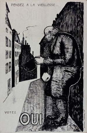 Poster "Pensez à la vieillesse... votez oui", 1925. Fonte: Museum für Gestaltung Zürich. Archivio Università delle Arti di Zurigo.