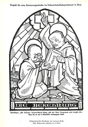 Caricatura del consigliere federale Edmund Schulthess. Fonte: Böschenstein, Bundesrat Edmund Schulthess. Krieg und Krisen, Bern 1966.