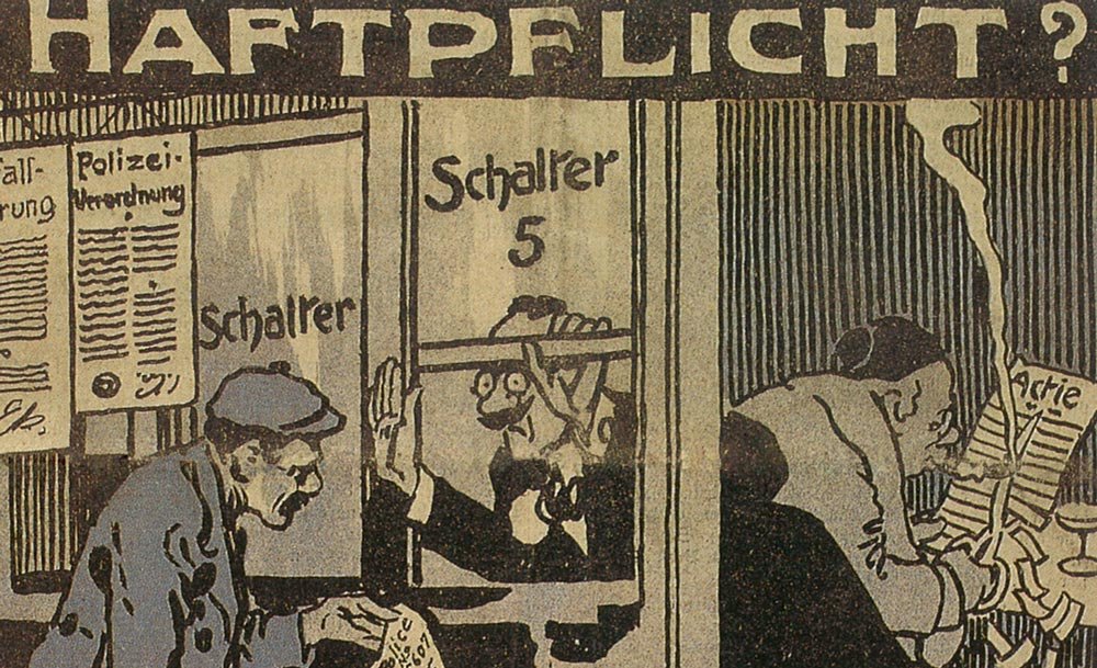 Caricatura sulla "responsabilità civile" dei datori di lavoro, Der neue Postillon, 2 febbraio 1912, 75 anni SUVA, Lucerna 1993.