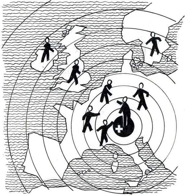 Disegno/Caricatura: La Svizzera al centro dell'Europa. Fonte: Archivio sociale svizzero, Zurigo, F 5030-Za-0083.