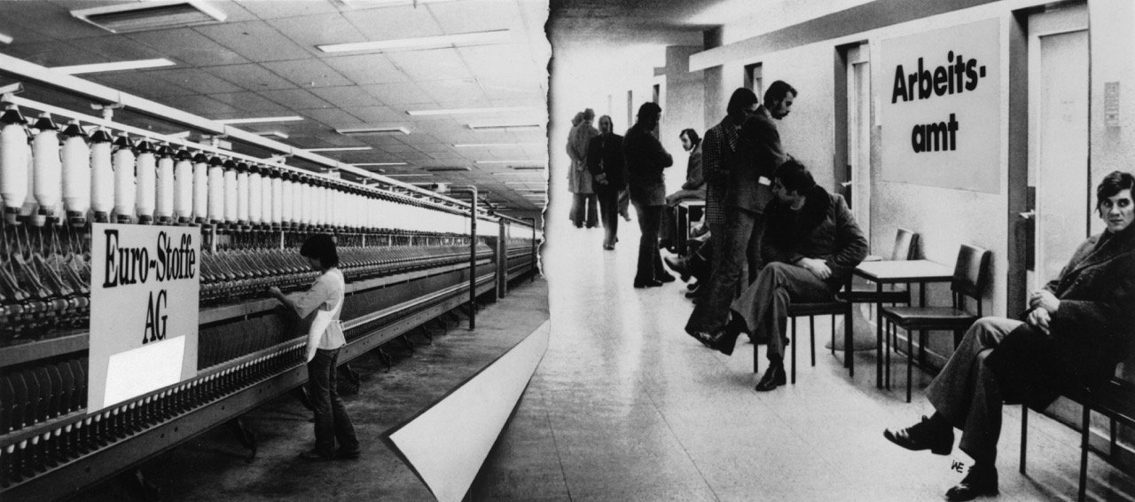 Fotomontaggio di Walter Erb: Produzione di beni e di disoccupazione (impresa Euro-Stoffe AG e ufficio del lavoro). Archivio sociale svizzero, Zurigo.