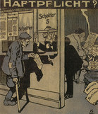 Caricatura sulla "responsabilità civile" dei datori di lavoro, Der neue Postillon, 2 febbraio 1912, 75 anni SUVA, Lucerna 1993.